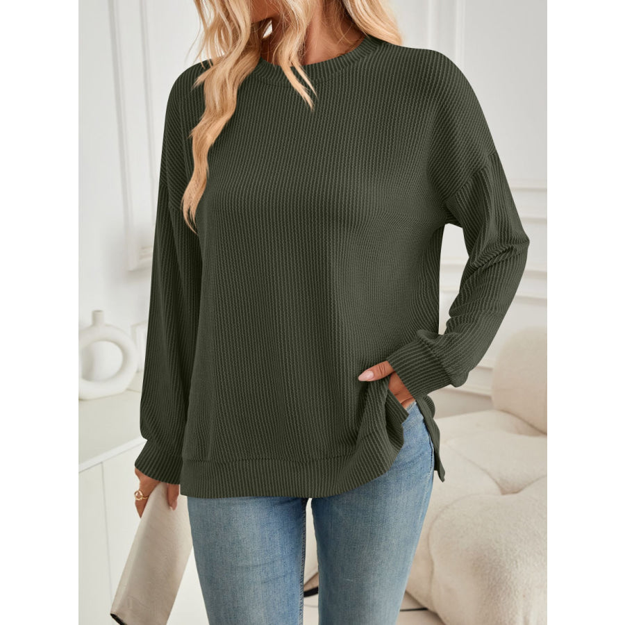 Slit Round Neck Long Sleeve Sweatshirt Apparel and Accessories