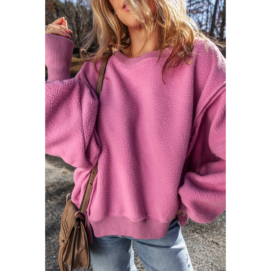 Slit Round Neck Long Sleeve Sweatshirt Apparel and Accessories