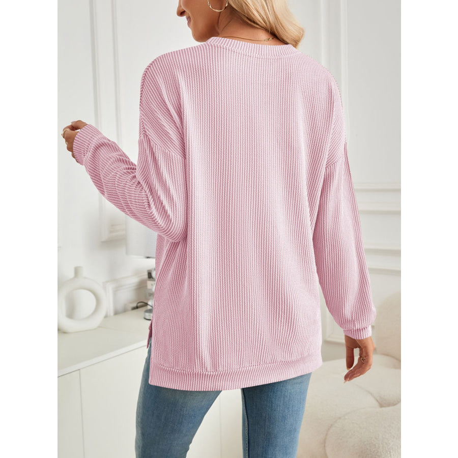 Slit Round Neck Long Sleeve Sweatshirt Apparel and Accessories