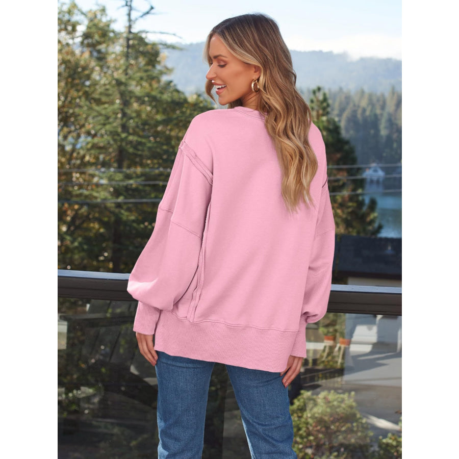 Slit Round Neck Long Sleeve Sweatshirt Apparel and Accessories