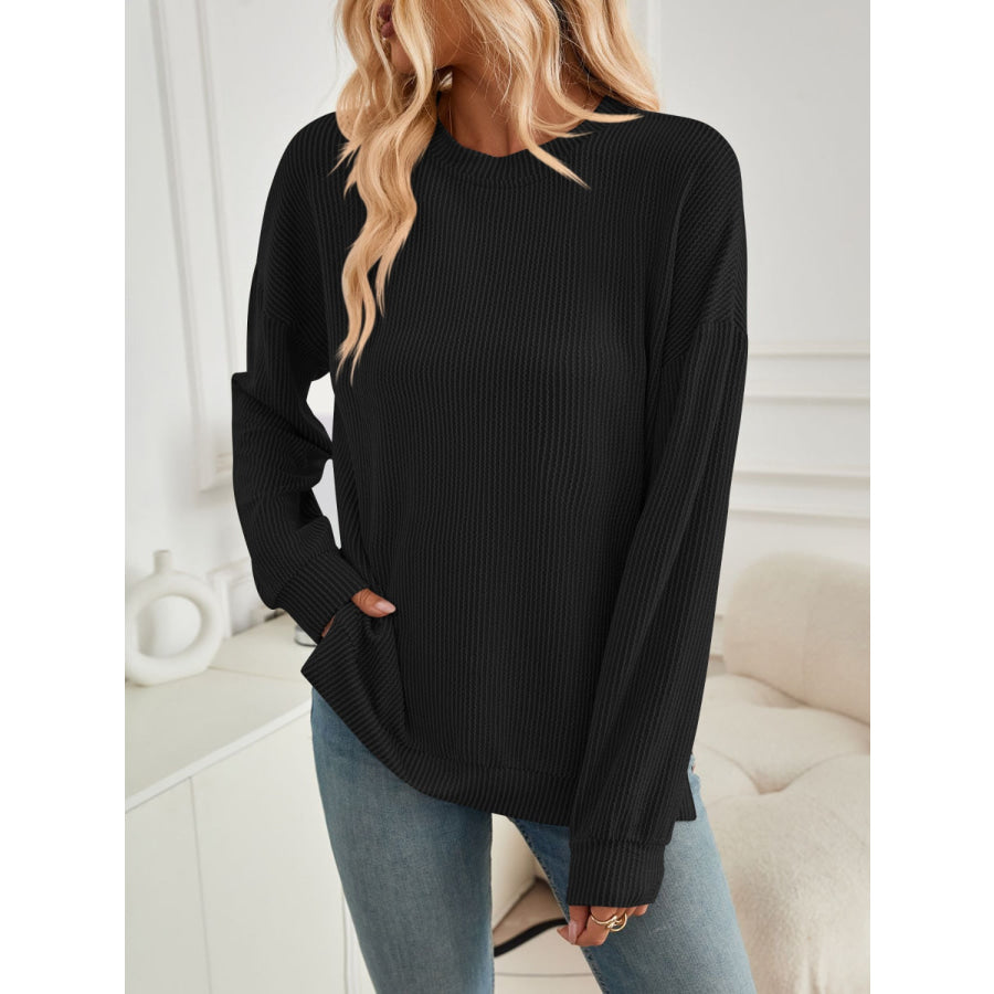 Slit Round Neck Long Sleeve Sweatshirt Apparel and Accessories