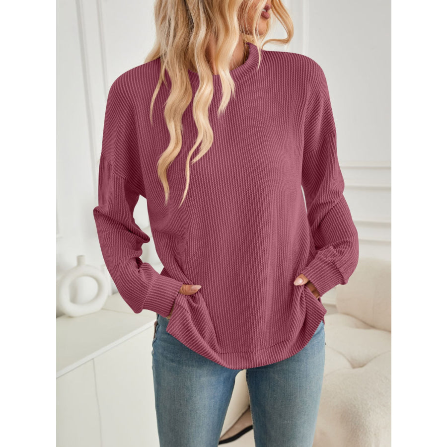 Slit Round Neck Long Sleeve Sweatshirt Apparel and Accessories