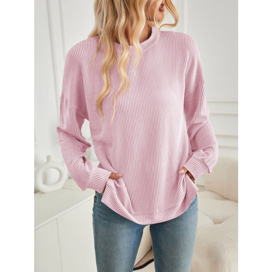 Slit Round Neck Long Sleeve Sweatshirt Apparel and Accessories