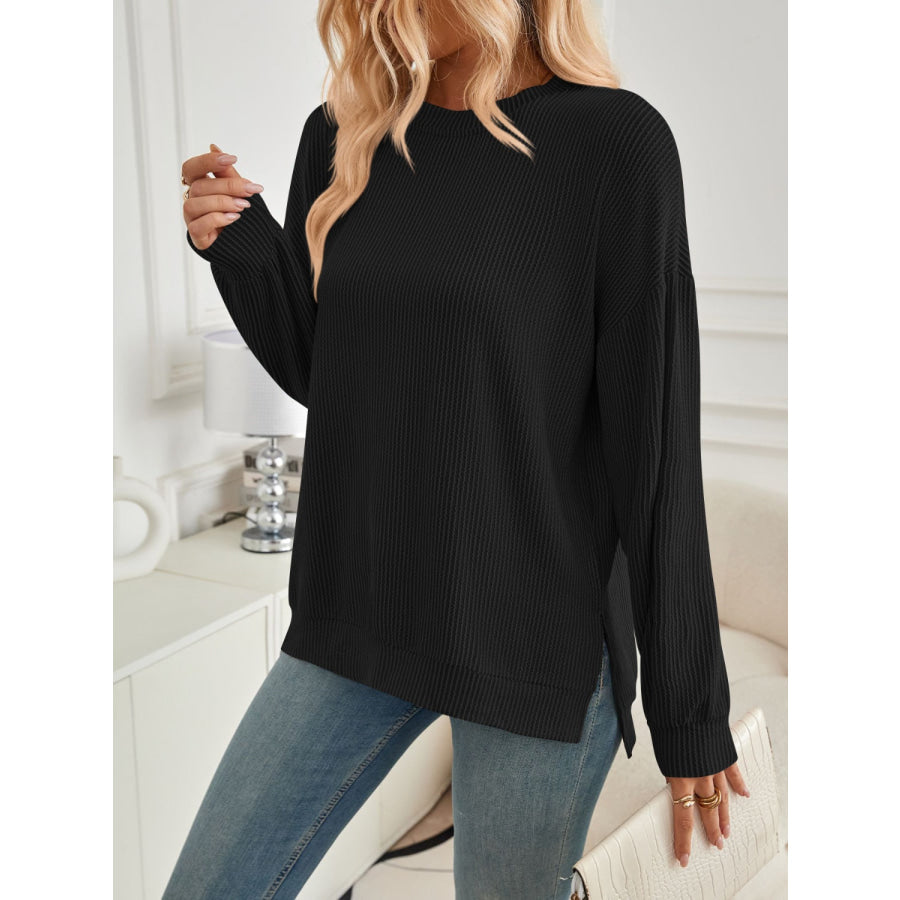 Slit Round Neck Long Sleeve Sweatshirt Apparel and Accessories