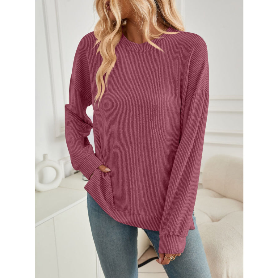 Slit Round Neck Long Sleeve Sweatshirt Apparel and Accessories