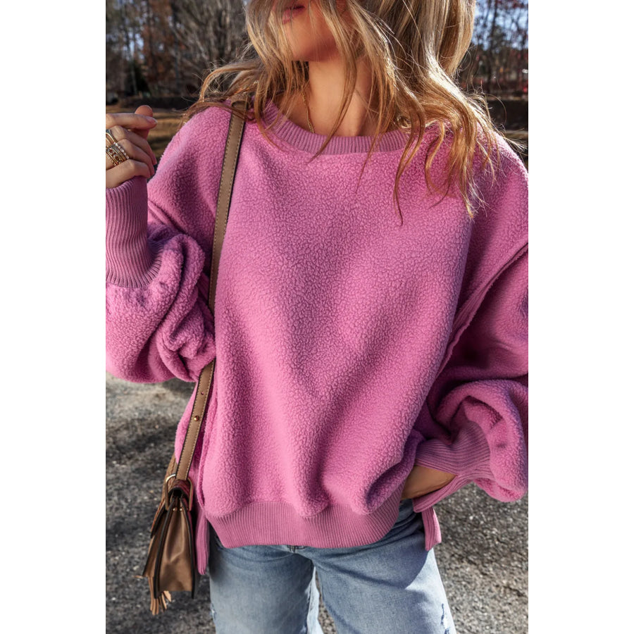 Slit Round Neck Long Sleeve Sweatshirt Apparel and Accessories