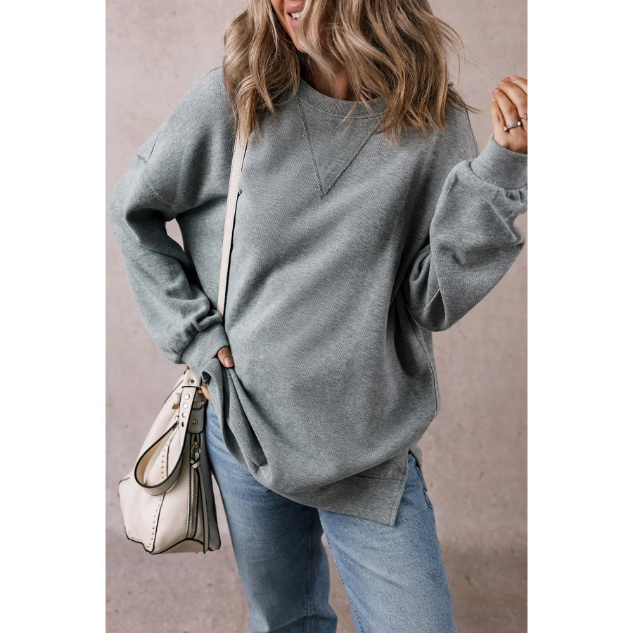 Slit Round Neck Long Sleeve Sweatshirt Apparel and Accessories