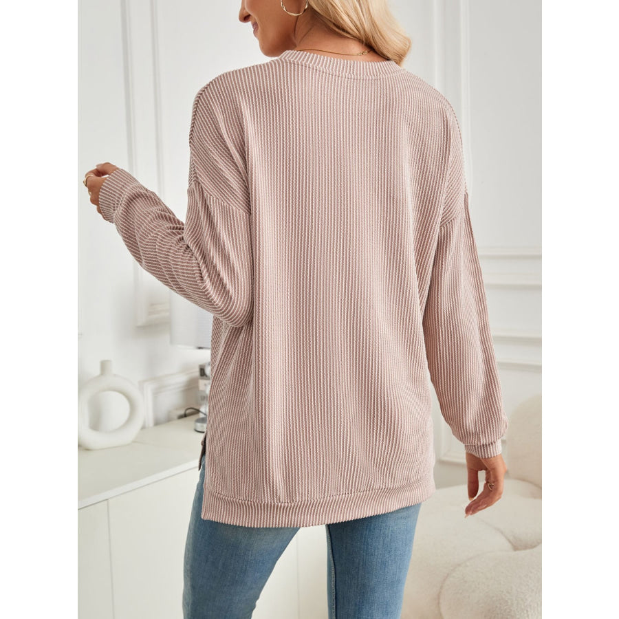 Slit Round Neck Long Sleeve Sweatshirt Apricot / S Apparel and Accessories