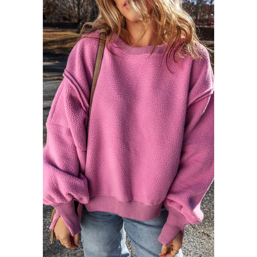 Slit Round Neck Long Sleeve Sweatshirt Apparel and Accessories