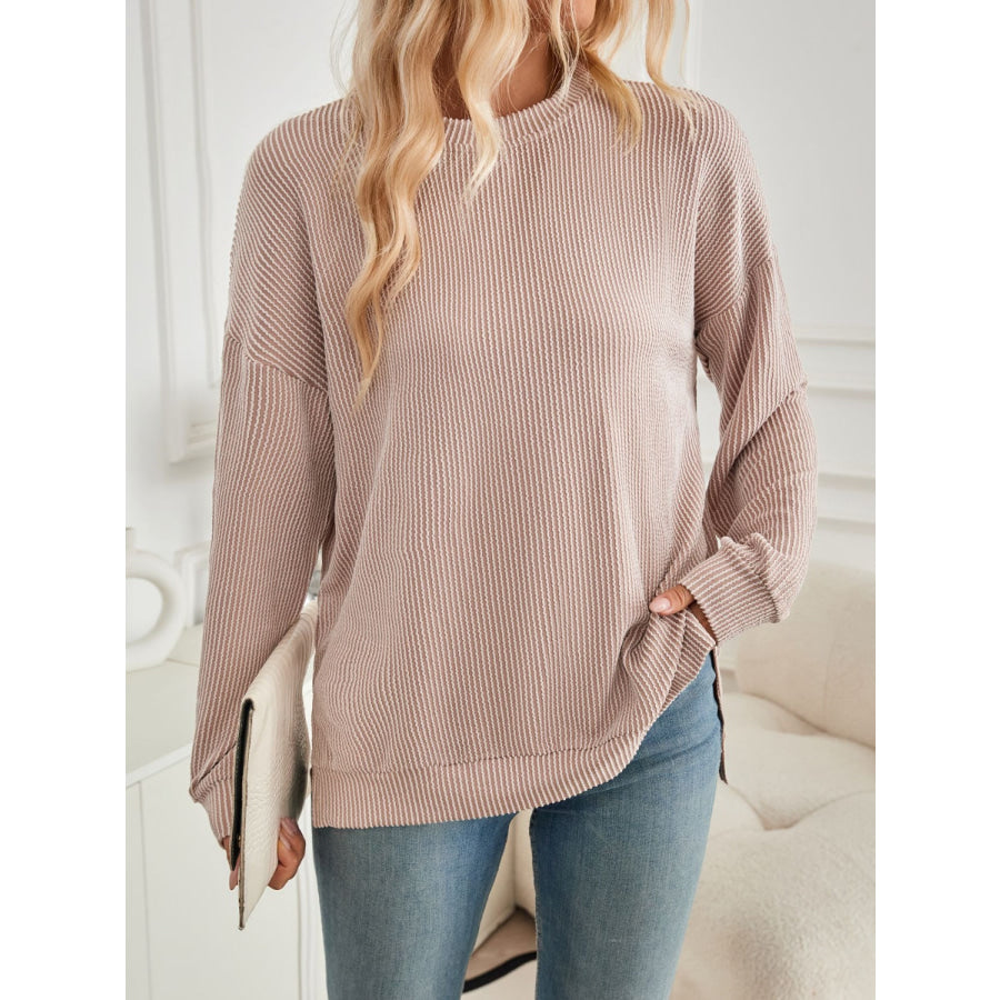 Slit Round Neck Long Sleeve Sweatshirt Apparel and Accessories