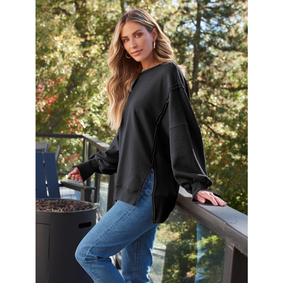 Slit Round Neck Long Sleeve Sweatshirt Apparel and Accessories