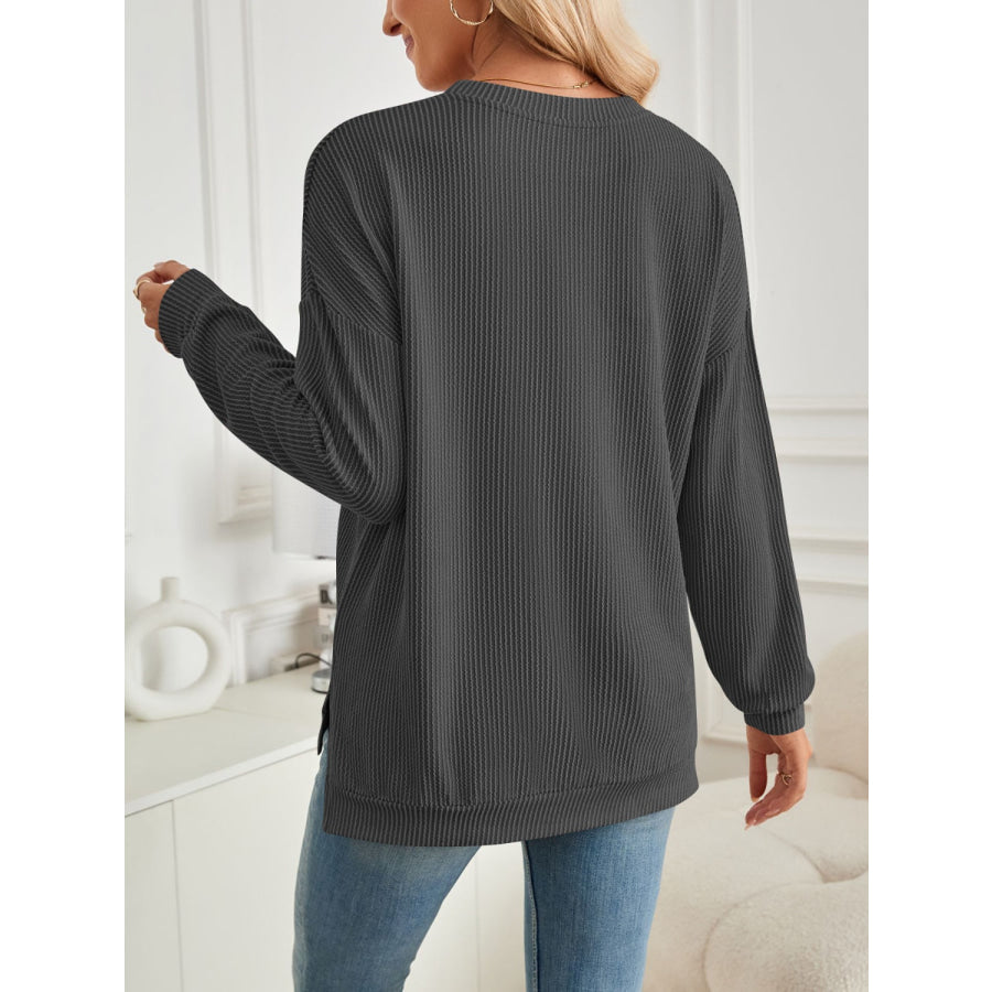 Slit Round Neck Long Sleeve Sweatshirt Apparel and Accessories