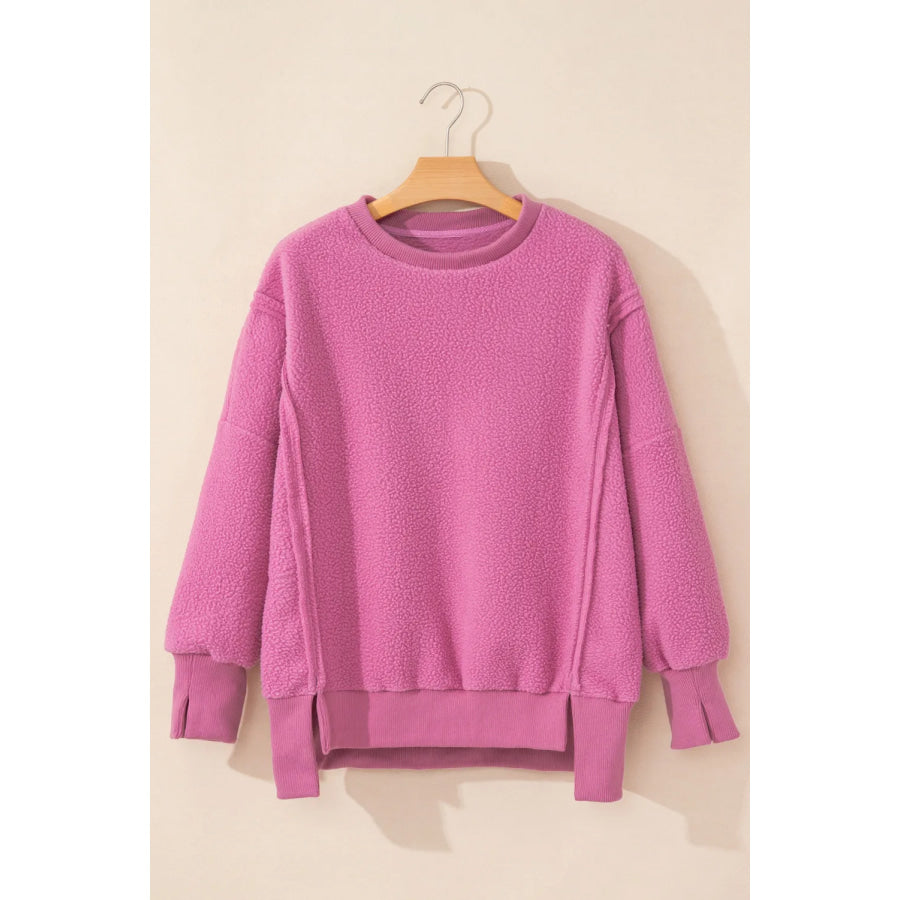 Slit Round Neck Long Sleeve Sweatshirt Apparel and Accessories