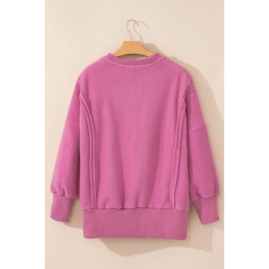 Slit Round Neck Long Sleeve Sweatshirt Apparel and Accessories