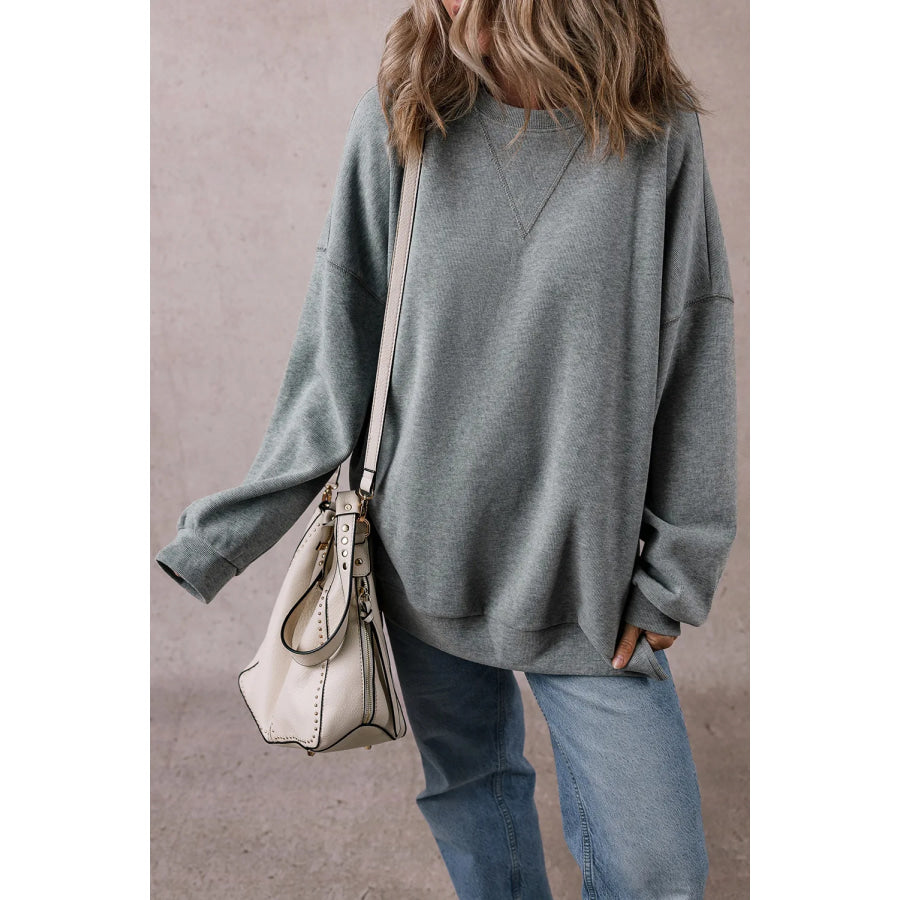 Slit Round Neck Long Sleeve Sweatshirt Dark Gray / S Apparel and Accessories