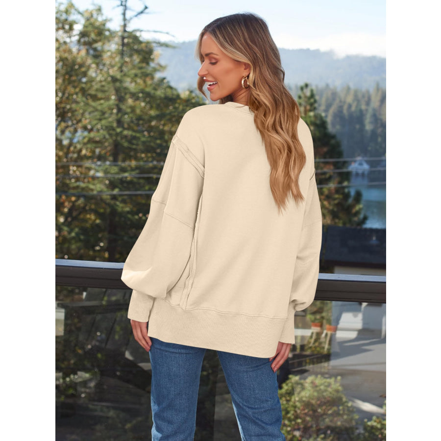 Slit Round Neck Long Sleeve Sweatshirt Apparel and Accessories