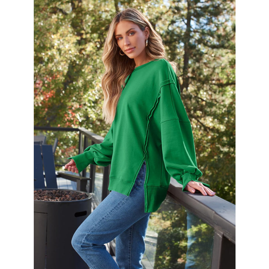 Slit Round Neck Long Sleeve Sweatshirt Apparel and Accessories