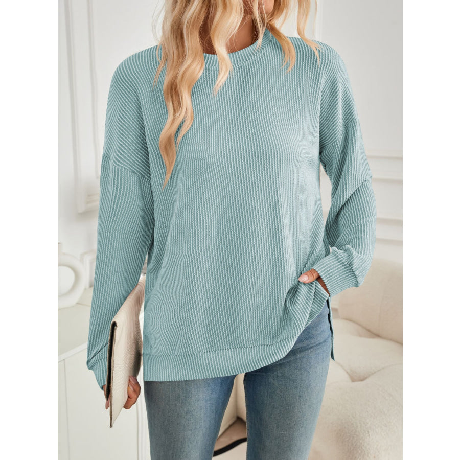 Slit Round Neck Long Sleeve Sweatshirt Apparel and Accessories