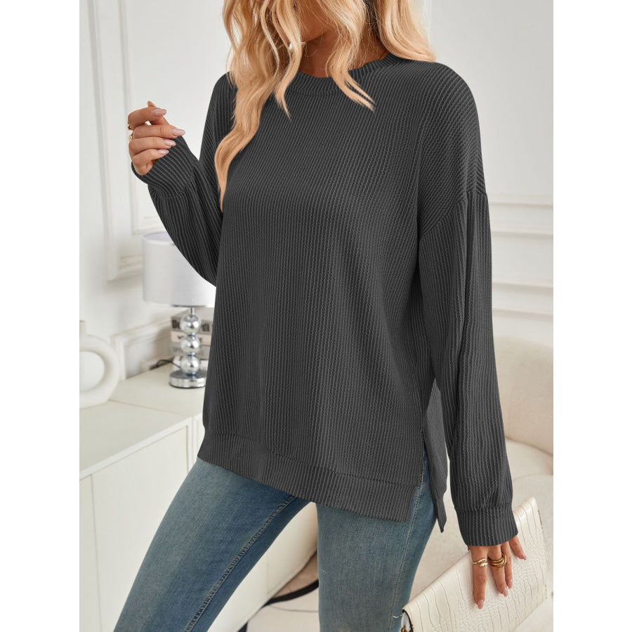 Slit Round Neck Long Sleeve Sweatshirt Apparel and Accessories