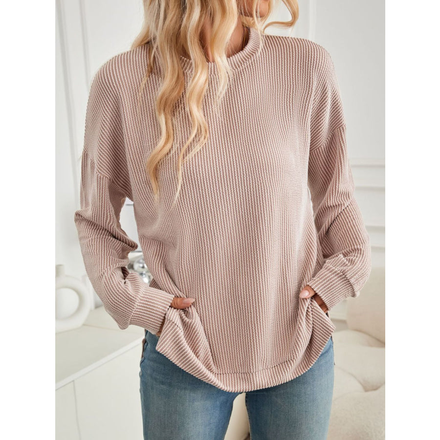 Slit Round Neck Long Sleeve Sweatshirt Apricot / S Apparel and Accessories