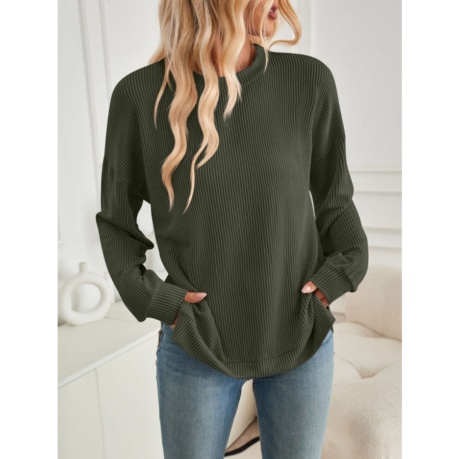 Slit Round Neck Long Sleeve Sweatshirt Army Green / S Apparel and Accessories