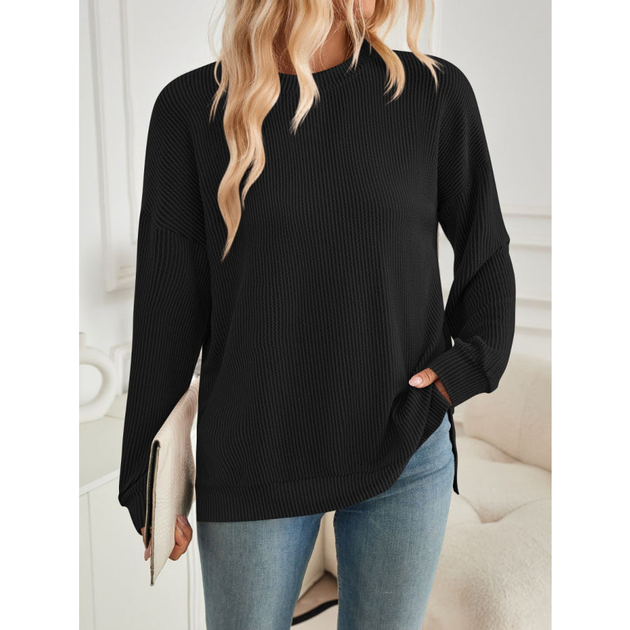 Slit Round Neck Long Sleeve Sweatshirt Black / S Apparel and Accessories