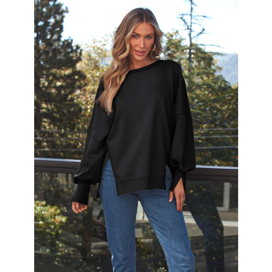 Slit Round Neck Long Sleeve Sweatshirt Black / S Apparel and Accessories