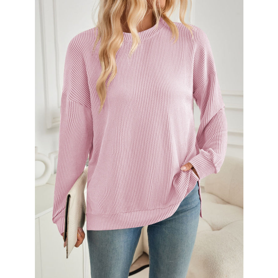 Slit Round Neck Long Sleeve Sweatshirt Blush Pink / S Apparel and Accessories