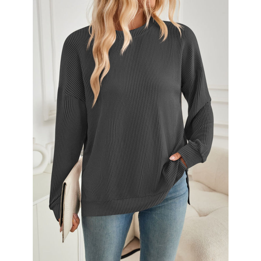 Slit Round Neck Long Sleeve Sweatshirt Dark Gray / S Apparel and Accessories