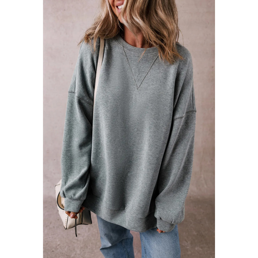 Slit Round Neck Long Sleeve Sweatshirt Dark Gray / S Apparel and Accessories