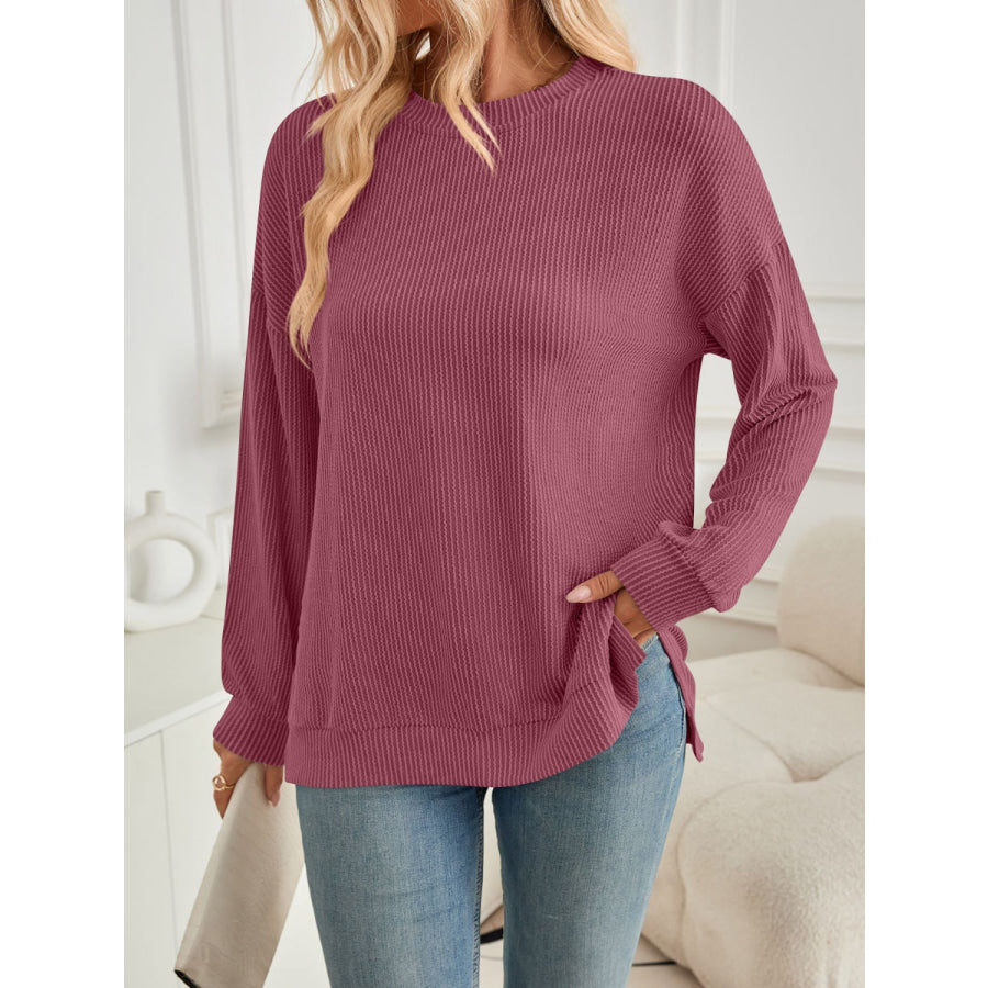 Slit Round Neck Long Sleeve Sweatshirt Deep Rose / S Apparel and Accessories