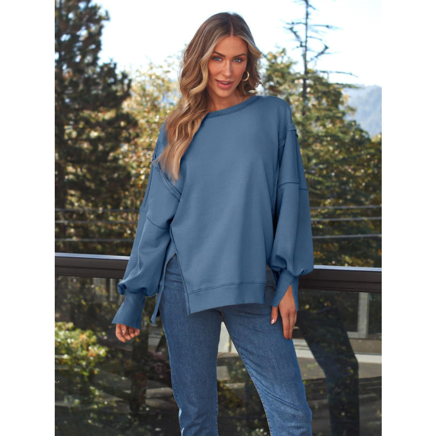 Slit Round Neck Long Sleeve Sweatshirt Dusty Blue / S Apparel and Accessories