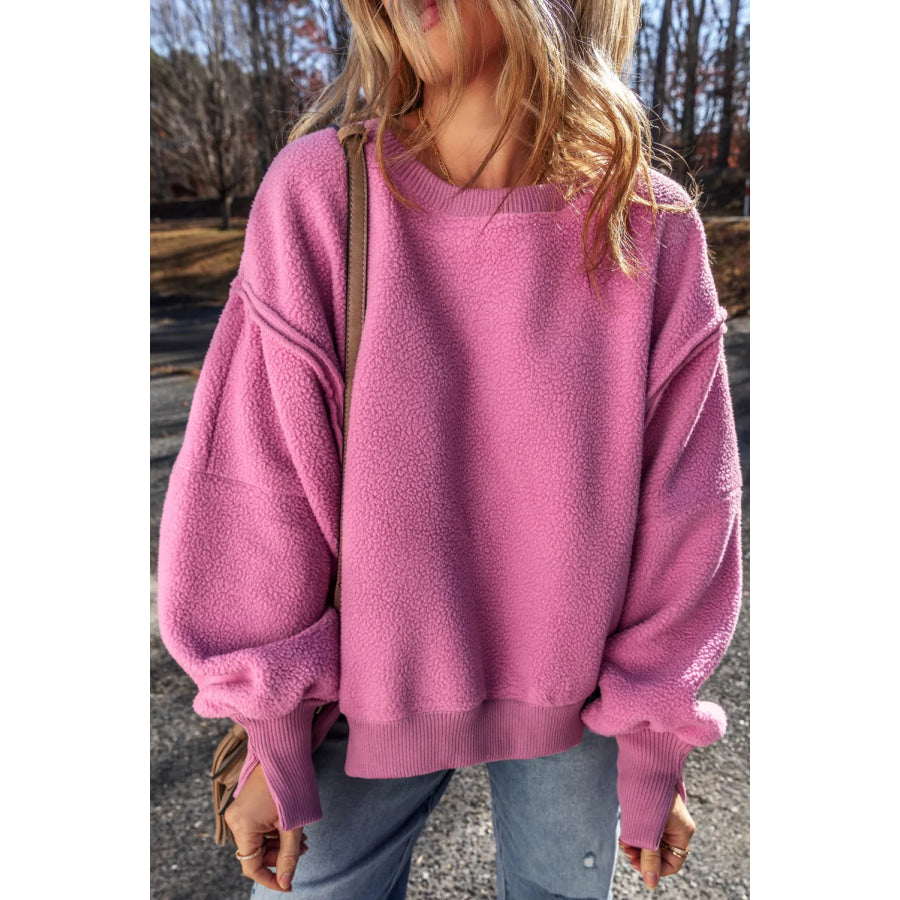 Slit Round Neck Long Sleeve Sweatshirt Fuchsia Pink / S Apparel and Accessories