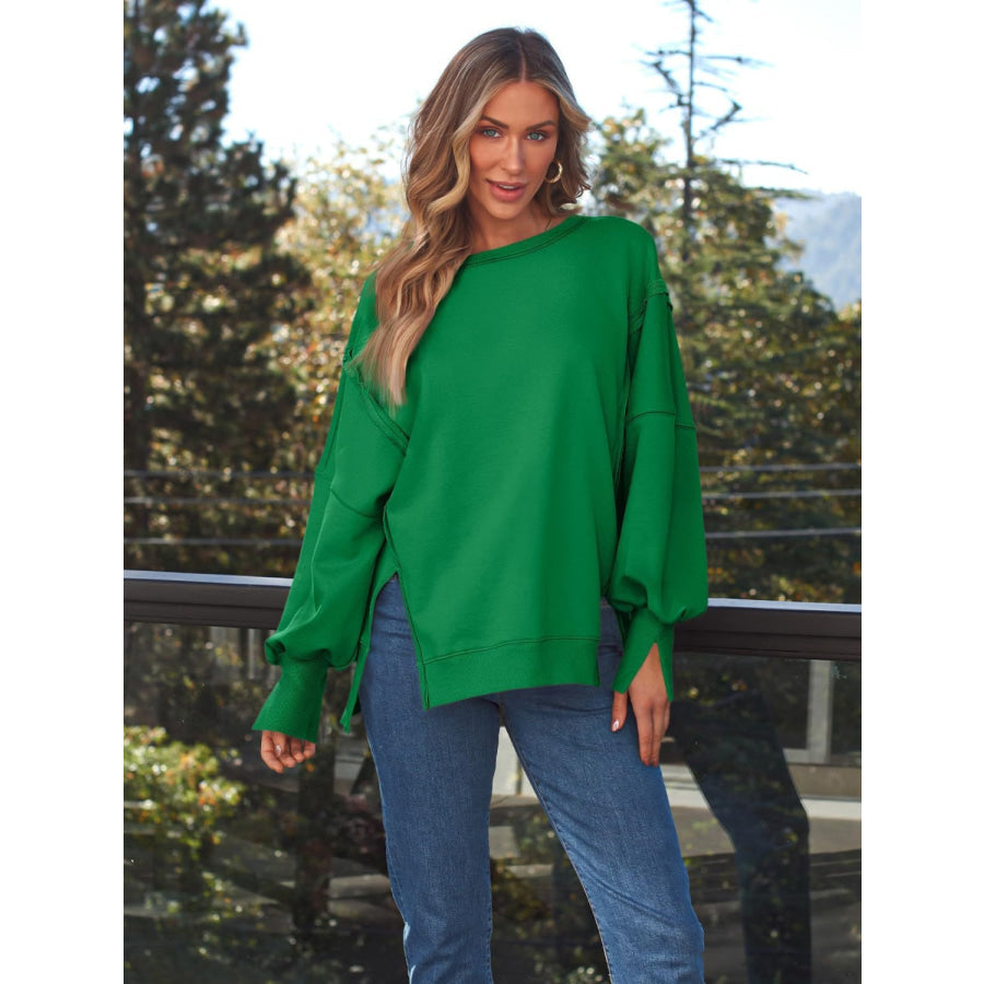 Slit Round Neck Long Sleeve Sweatshirt Green / S Apparel and Accessories