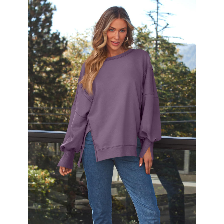 Slit Round Neck Long Sleeve Sweatshirt Mauve / S Apparel and Accessories