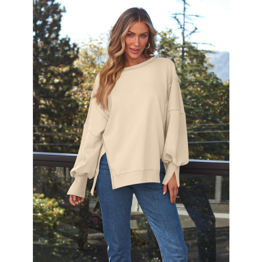 Slit Round Neck Long Sleeve Sweatshirt Pastel Yellow / S Apparel and Accessories