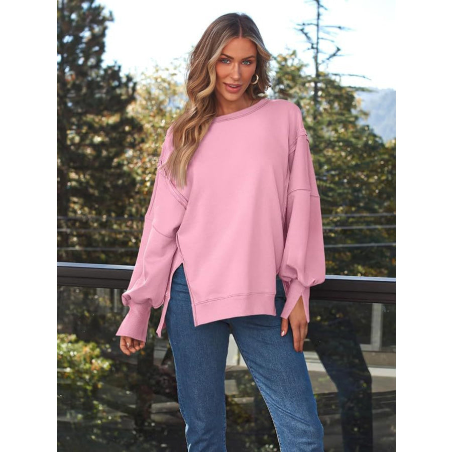 Slit Round Neck Long Sleeve Sweatshirt Pink / S Apparel and Accessories