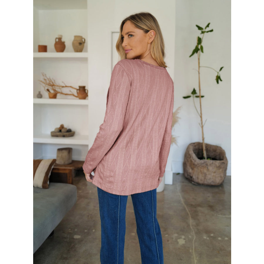 Slit Round Neck Long Sleeve T-Shirt Apparel and Accessories