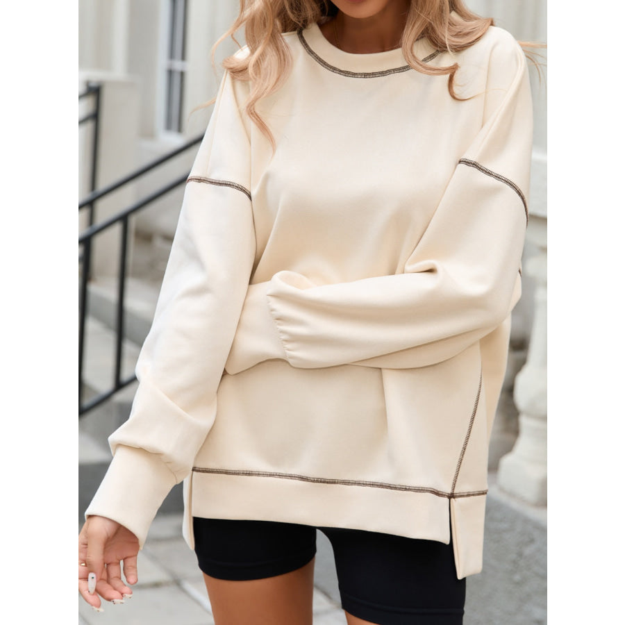 Slit Round Neck Long Sleeve T-Shirt Apparel and Accessories