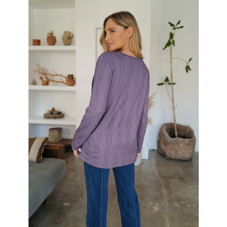 Slit Round Neck Long Sleeve T-Shirt Apparel and Accessories