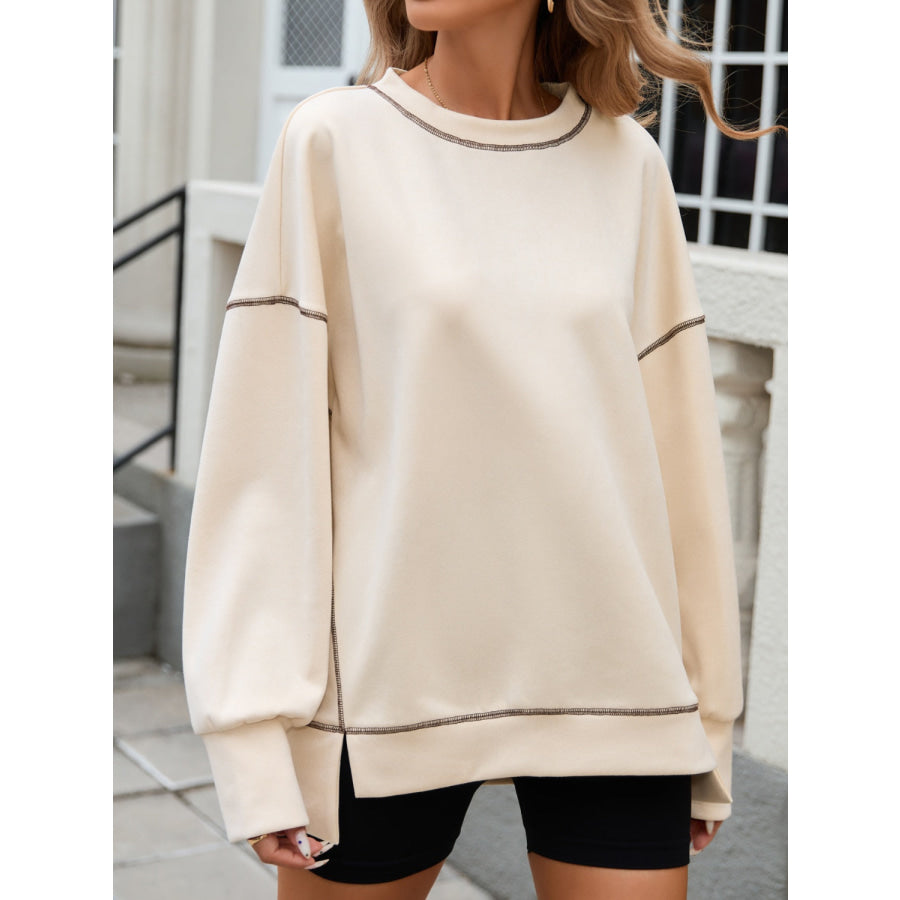 Slit Round Neck Long Sleeve T-Shirt Cream / S Apparel and Accessories