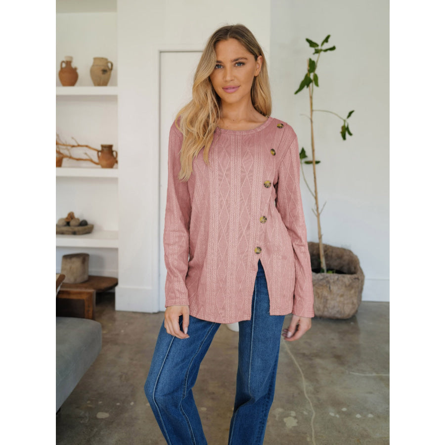 Slit Round Neck Long Sleeve T-Shirt Dusty Pink / S Apparel and Accessories