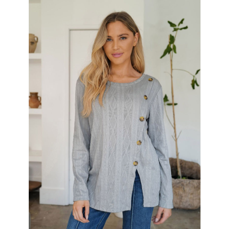 Slit Round Neck Long Sleeve T-Shirt Gray / S Apparel and Accessories