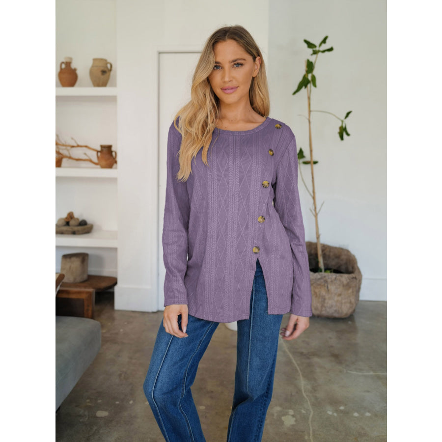 Slit Round Neck Long Sleeve T-Shirt Lilac / S Apparel and Accessories