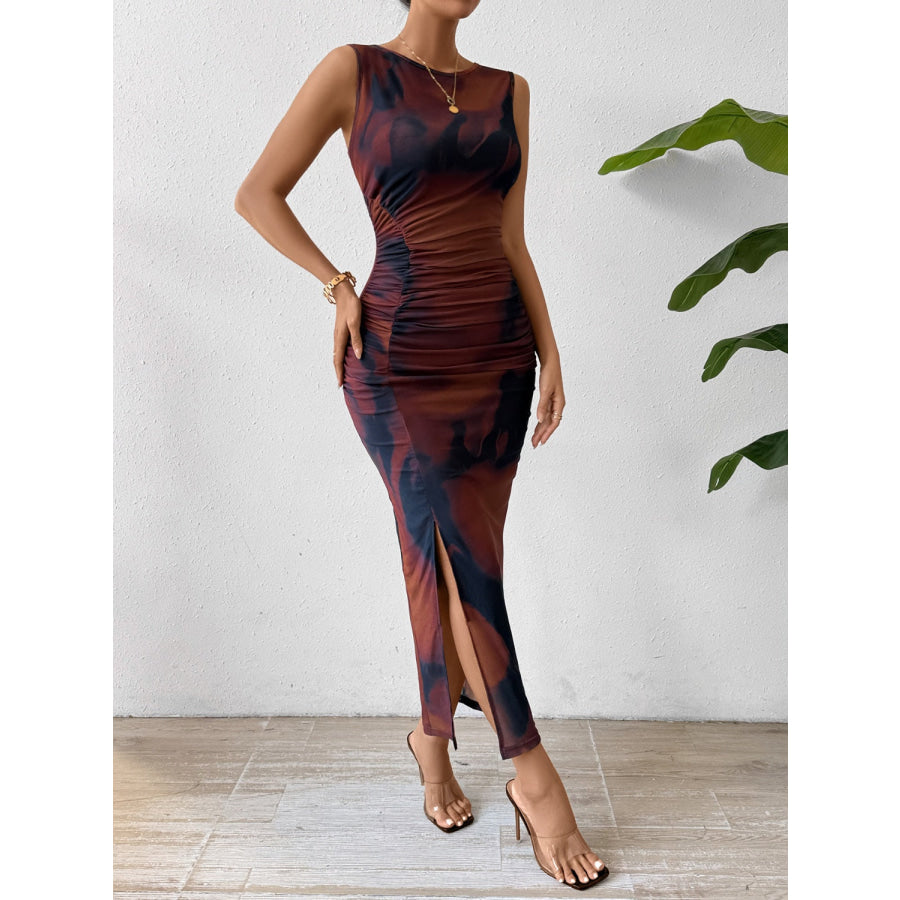 Slit Round Neck Midi Tank Dress Brown / S Apparel and Accessories