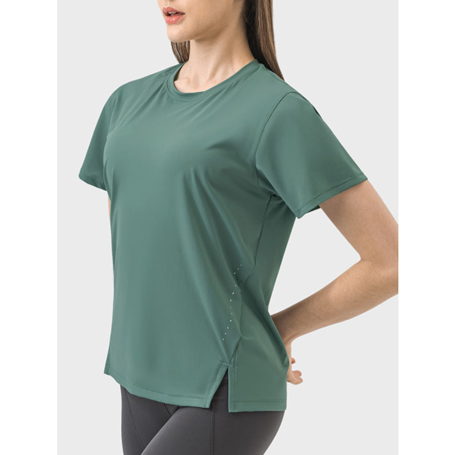 Slit Round Neck Short Sleeve Active T-Shirt Apparel and Accessories