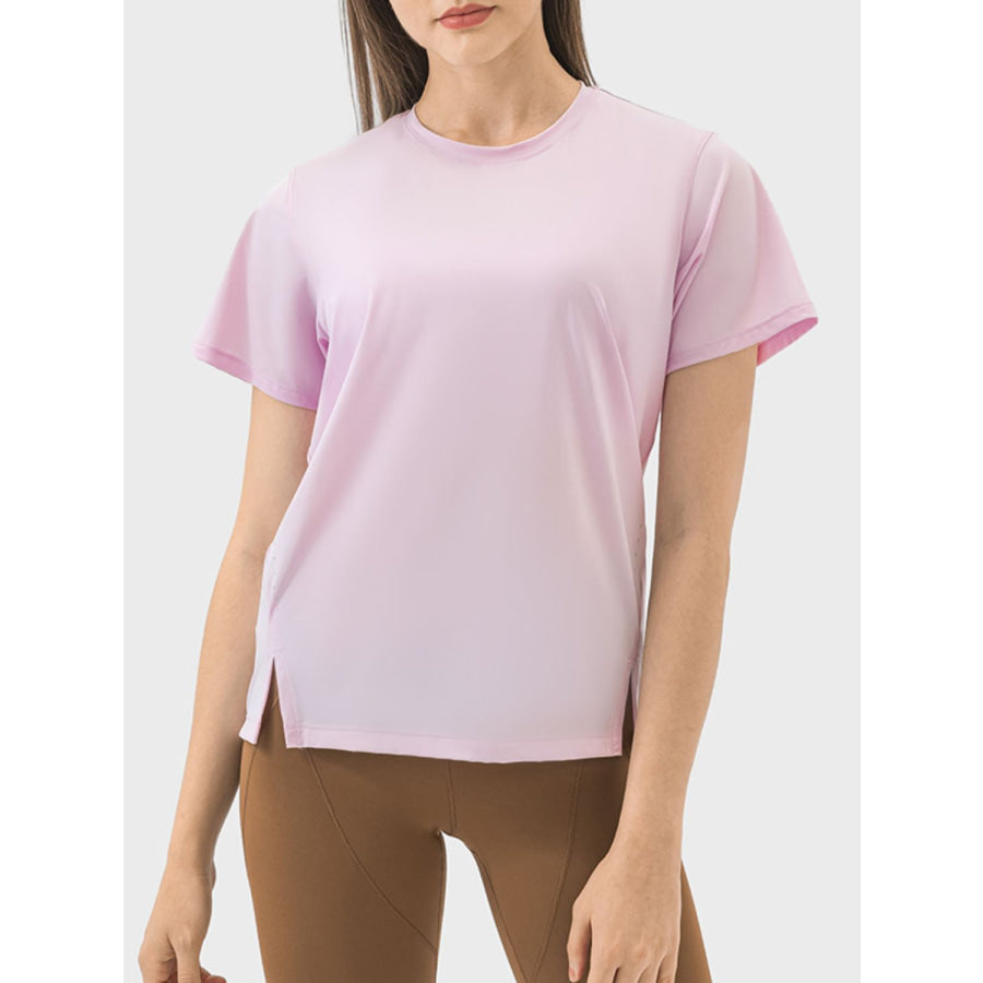 Slit Round Neck Short Sleeve Active T-Shirt Blush Pink / 4 Apparel and Accessories