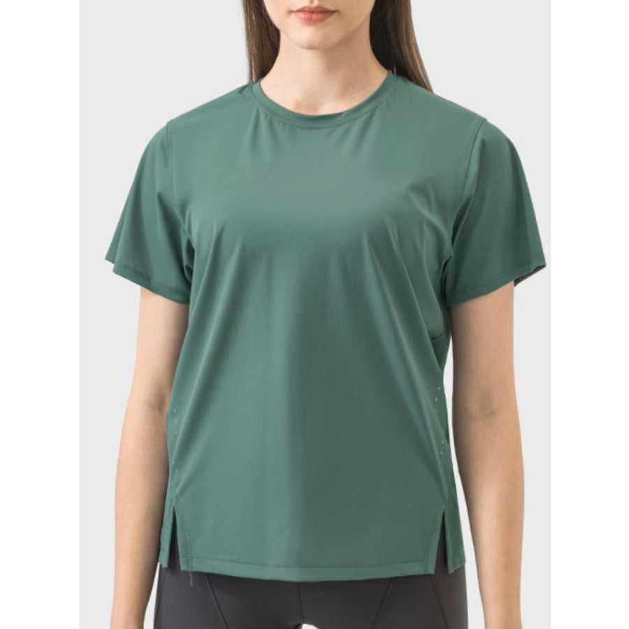 Slit Round Neck Short Sleeve Active T-Shirt Dark Green / 4 Apparel and Accessories