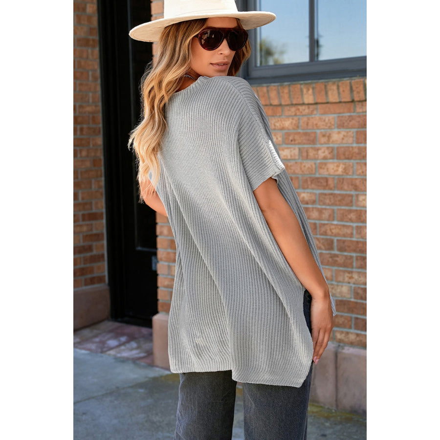 Slit Round Neck Short Sleeve Knit Top Apparel and Accessories