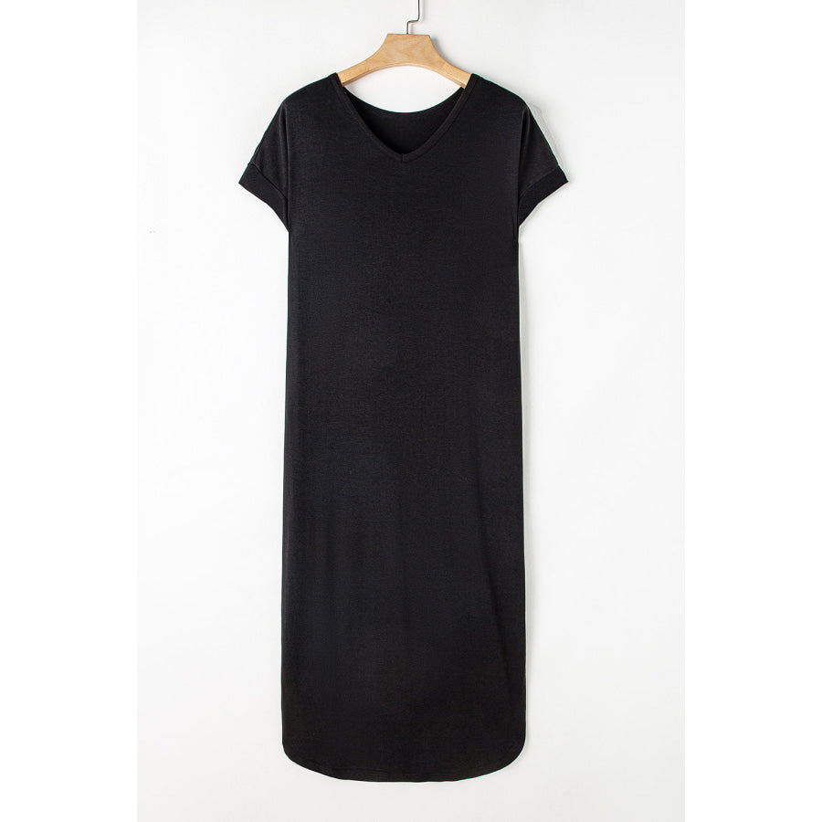 Slit Round Neck Short Sleeve Maxi Dress Apparel and Accessories